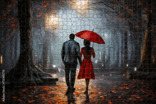 Silhouette of a man and a woman in a red dress with an umbrella in the rain, jigsaw puzzle