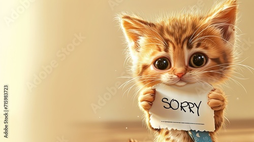 Illustration of a sad kitten holding in its paws a white piece of paper with the words 
