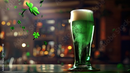 A glass of traditional Irish green beer for St. Patrick's Day stands on the bar counter, next to a lucky four-leaf clover leaf