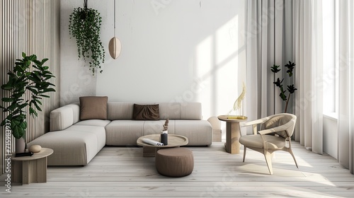 Trendy modern airy living room interior design with sofa and tables in minimalistic natural calm colors design. Neutral color tone interior design concept
