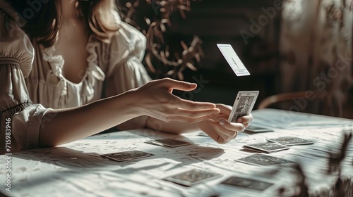 Young woman lays out tarot cards on the table, fortune telling, predicting the future. Astrology and horoscope theme