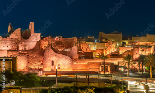 Diriyah illuminated  old town walls, At-Turaif district complex at night, Riyadh, Saudi Arabia photo