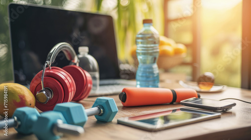 Dumbbells on the table near the computer, online fitness coaching concept