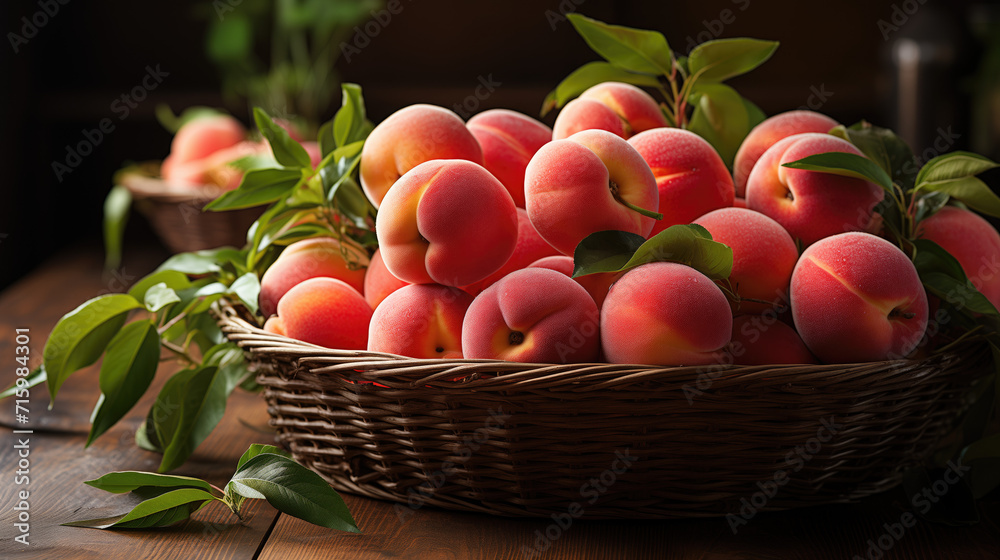 Juicy ripe peaches in a basket on the table Juicy ripe peaches in a basket on the table