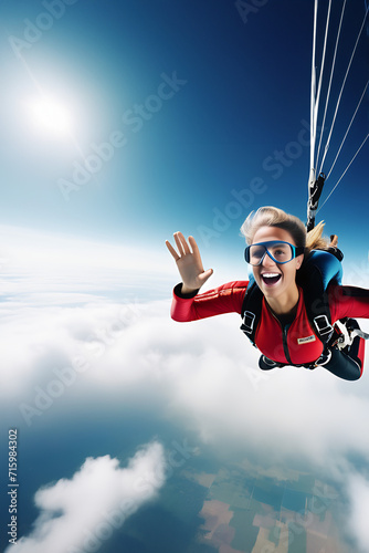 yang woman skydiving through clouds in full color.