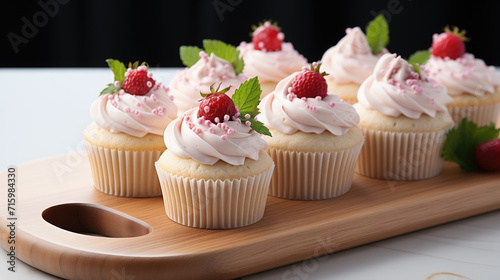 Vanilla cupcakes with cream  adorned with strawberries and mint leaves.