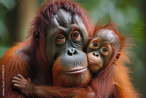 An endearing moment captured in the wild, as a majestic orangutan lovingly cradles her precious offspring, showcasing the strong maternal bond of these terrestrial great apes