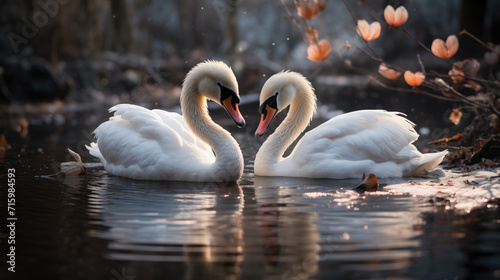 Photo of two loving white swans in a heart shape in the water
