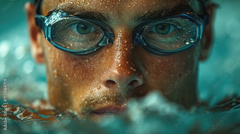 Immersed in the depths, a human face gazes through the watery veil, sporting goggles and braving the unknown as they glide through the liquid world Immersed in the depths, a human face gazes through the watery veil, sporting goggles and braving the unknown as they glide through the liquid world