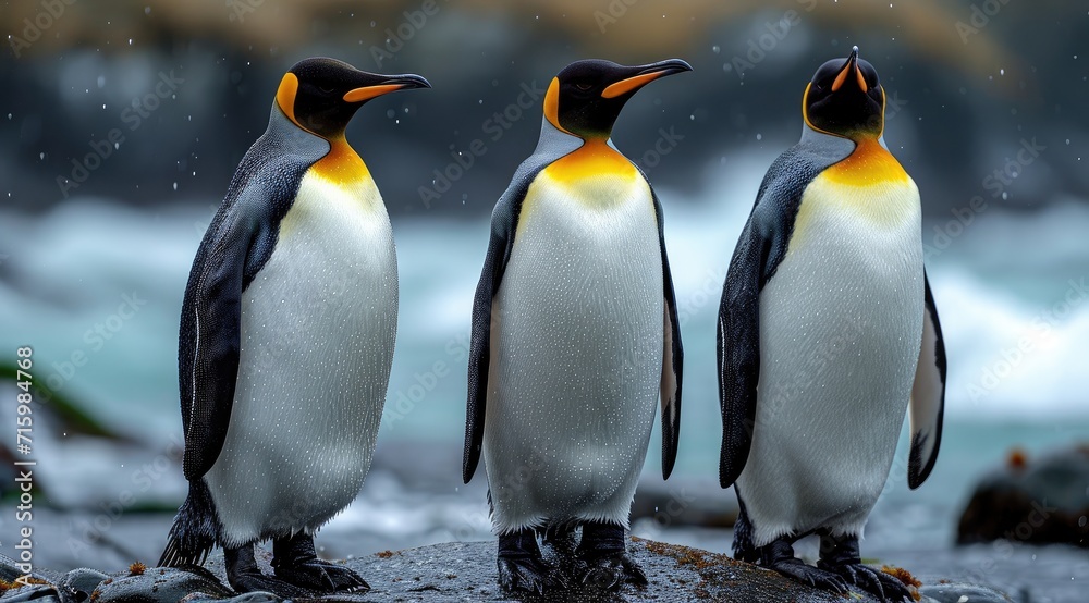 Fototapeta premium A regal group of flightless aquatic birds, including king, adaalie, and emperor penguins, stand proudly on a rocky outpost in the great outdoors, showcasing the stunning diversity and resilience of w