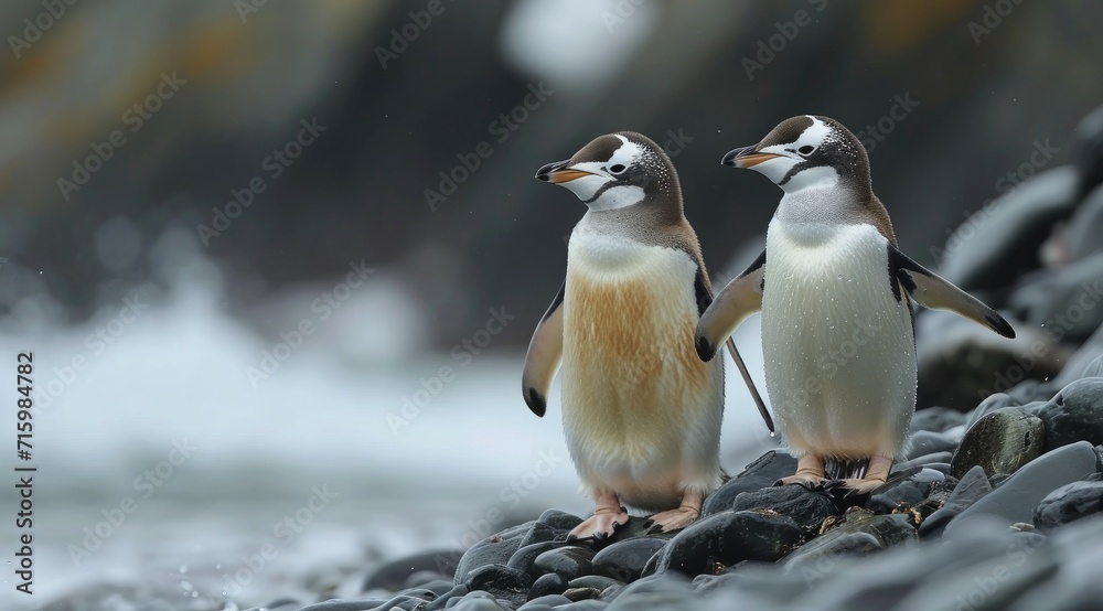 Obraz premium Two flightless penguins, with their sleek black and white feathers, stand gracefully on the rugged rocks, showcasing the beauty and resilience of these aquatic birds in their natural habitat