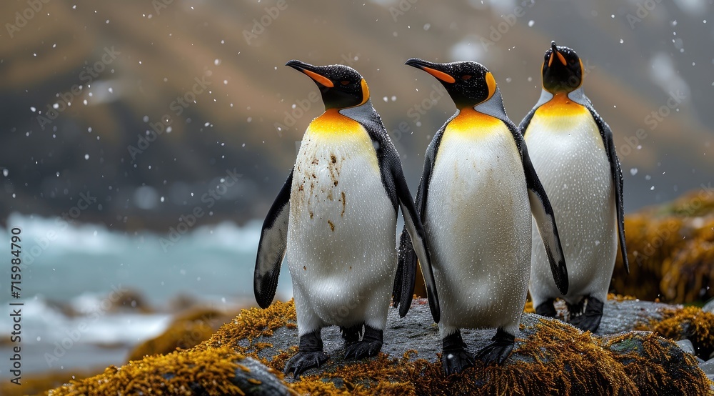 Fototapeta premium A majestic gathering of flightless aquatic birds, including the adorable adelie, regal king, and majestic emperor penguins, standing proudly on a rugged rock in their natural outdoor habitat