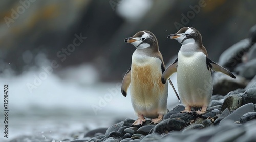 Two flightless penguins  with their sleek black and white feathers  stand gracefully on the rugged rocks  showcasing the beauty and resilience of these aquatic birds in their natural habitat