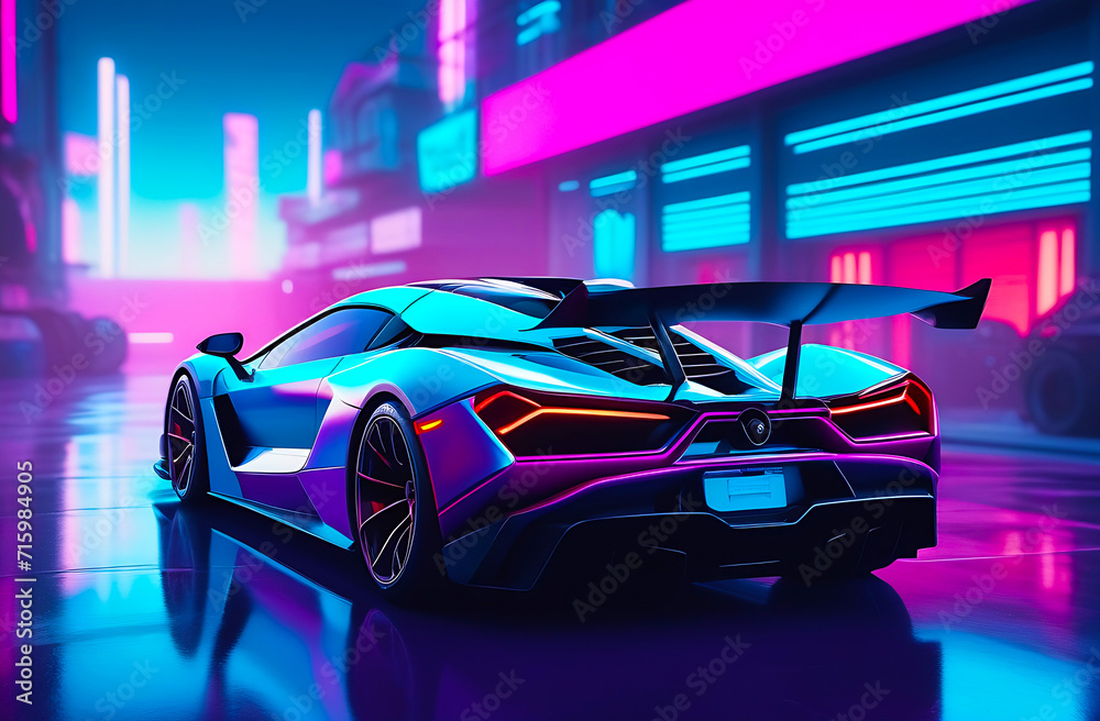 Tuned Sport Car , cyberpunk Retro Sports Car On Neon Highway. Powerful acceleration of a supercar on a night track with colorful lights and trails. 3d render, neons, cybercity background. Tuned Sport Car , cyberpunk Retro Sports Car On Neon Highway. Powerful acceleration of a supercar on a night track with colorful lights and trails. 3d render, neons, cybercity background.
