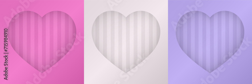 Pink, white and violet abstarct backgrounds with arched windows and stripes. Heart-shaped niche or alcove.	

