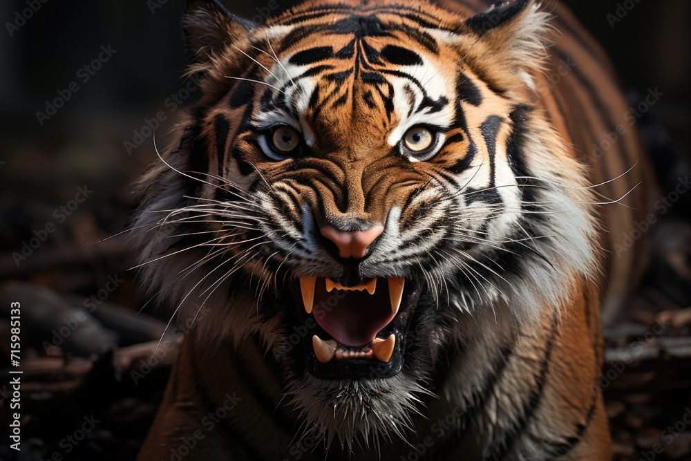 Naklejka premium A fierce bengal tiger roars with its mouth wide open, showcasing its powerful snout, sharp whiskers, and majestic fur in the wild outdoors