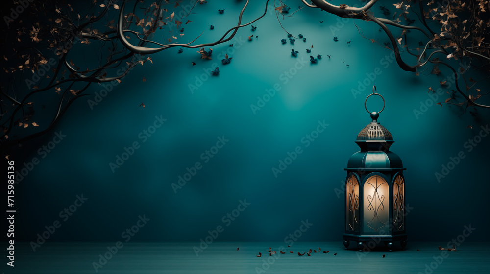 Ramadan Kareem background banner with stars and lantern. Image with copy space. Generative AI - obrazy, fototapety, plakaty 