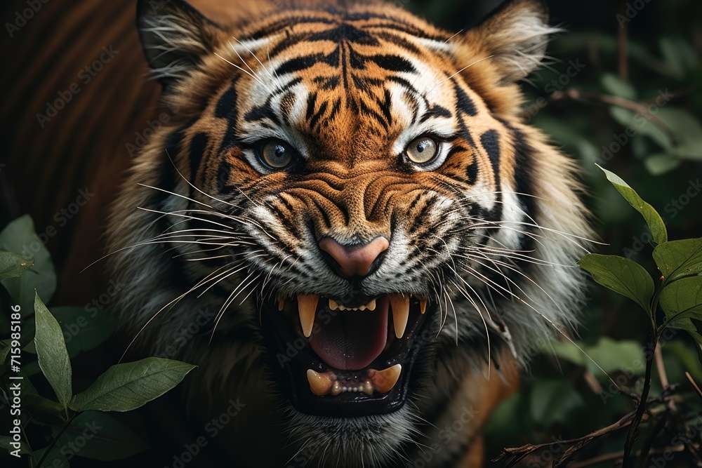 Naklejka premium A fierce bengal tiger roars with its mouth open, showcasing its majestic snout, piercing whiskers, and beautiful fur in the wild