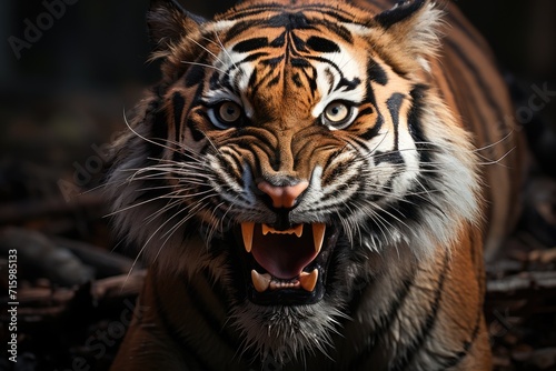 A fierce bengal tiger roars with its mouth wide open, showcasing its powerful snout, sharp whiskers, and majestic fur in the wild outdoors © Pinklife