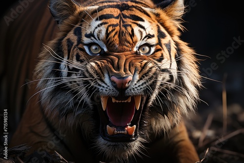 A majestic bengal tiger, with its powerful snout and fierce roar, commands the wild with its open mouth and sharp fangs, showcasing the beauty and strength of this magnificent terrestrial mammal