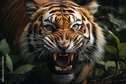 A fierce bengal tiger roars with its mouth open  showcasing its majestic snout  piercing whiskers  and beautiful fur in the wild