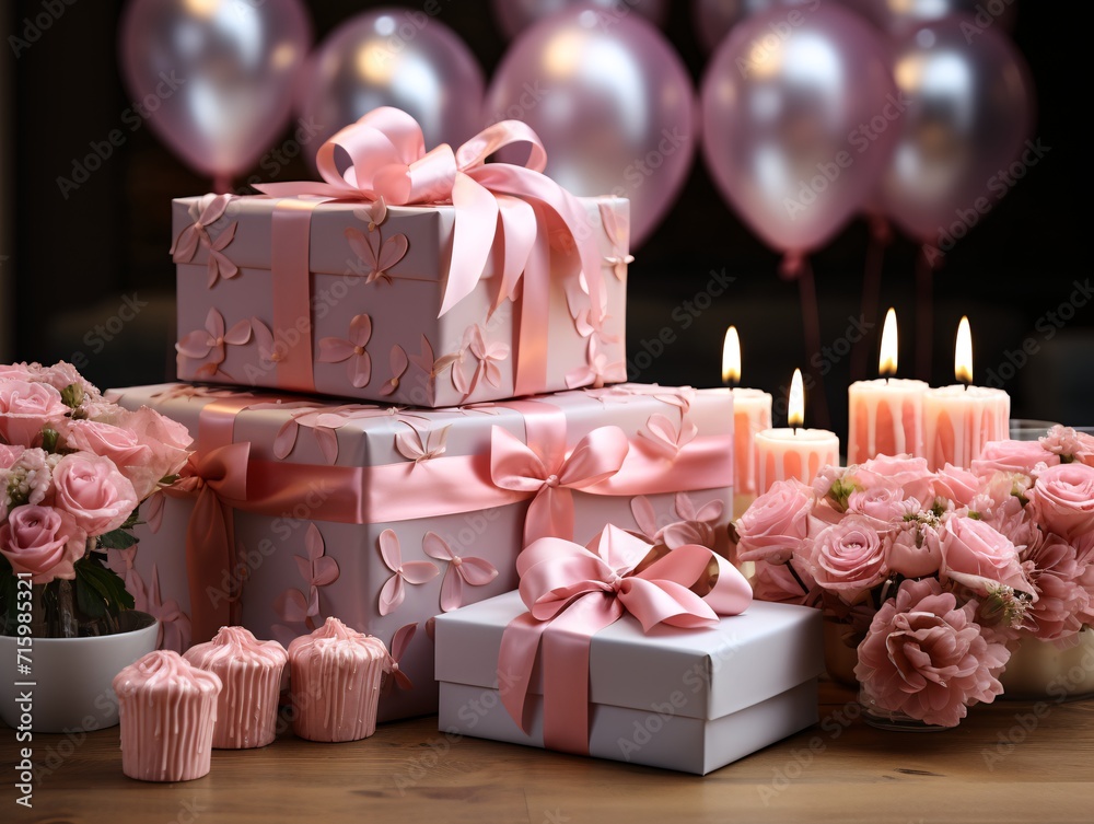 Gift boxes with ribbons and balloons. Gift boxes with ribbons and balloons.