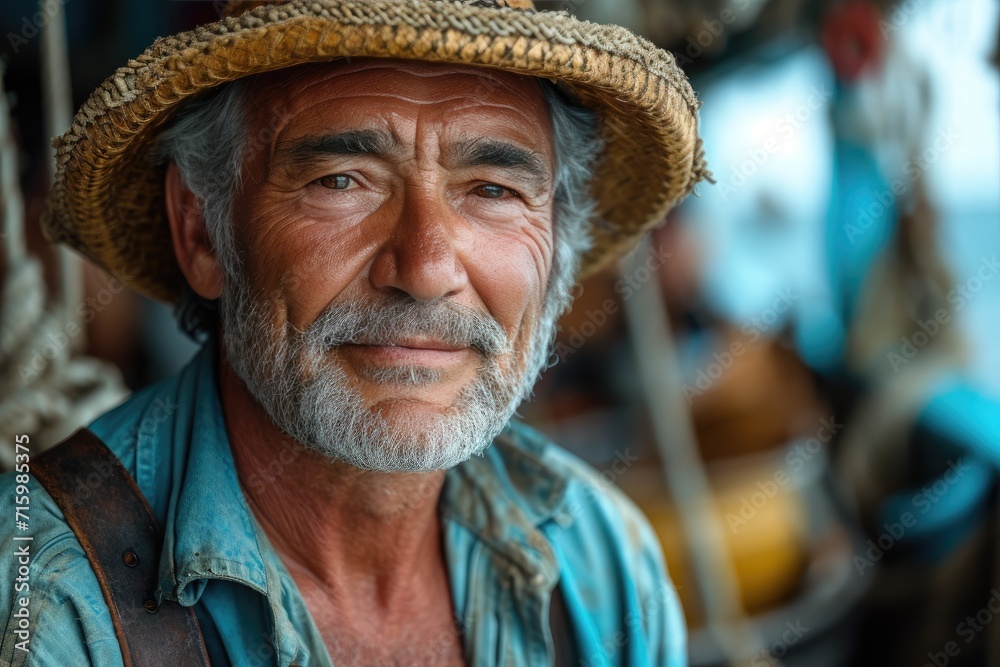 A rugged man with a weathered face dons a straw hat, adding a touch of charm and character to his outdoor portrait