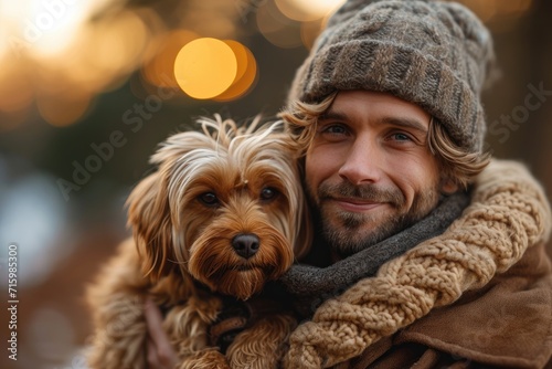 A rugged man and his loyal brown dog stand together in the winter cold, their matching fur coats and bond as strong as the crisp outdoor air photo