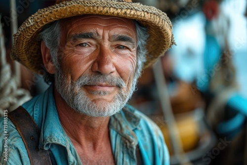 A rugged man with a weathered face dons a straw hat, adding a touch of charm and character to his outdoor portrait