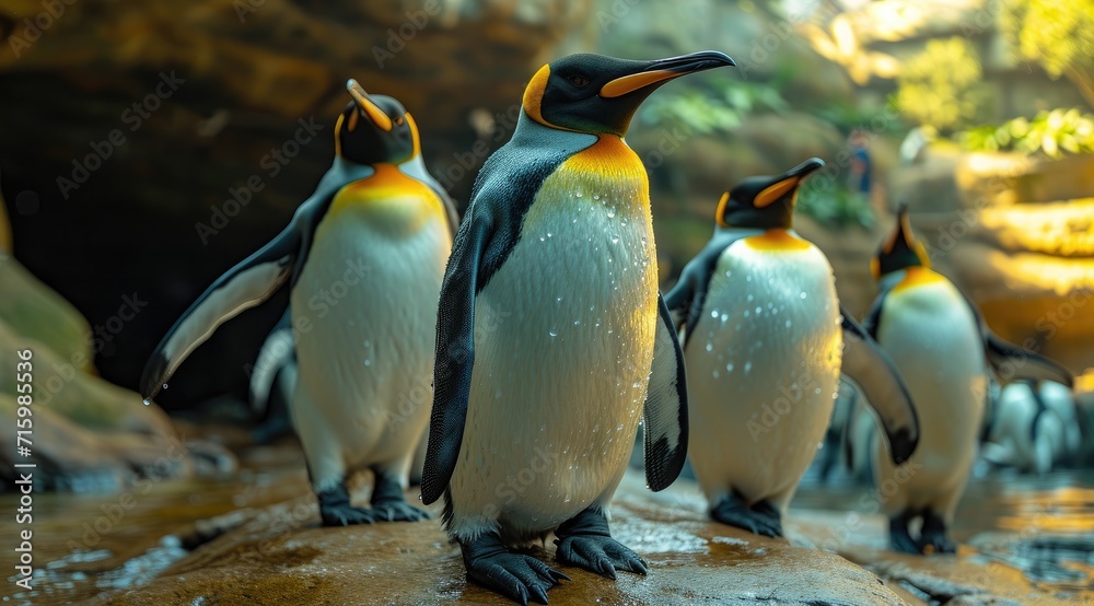 Fototapeta premium A diverse group of majestic penguins, including the adorable adelie, regal king, and iconic emperor, stand proudly on rocky terrain in their natural outdoor habitat at the zoo, showcasing the wonder 