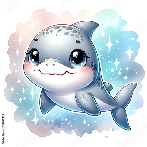 Cute Baby Shark Illustration with Twinkling Stars, Ideal for Kids' Content and Educational Materials
