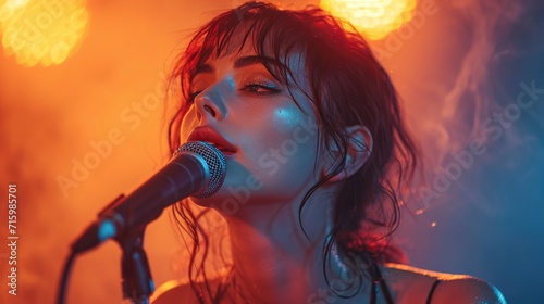 A talented pop music artist captivates the audience with her powerful vocals and dynamic stage presence, as she sings into a microphone at a sold-out concert