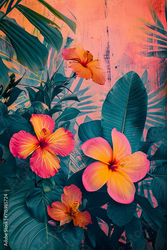 Tropical pop art collage art, vinateg style, vibrant colors, Generative AI