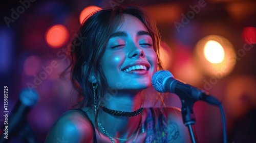 A captivating singer mesmerizes the crowd with her powerful voice as she pours her heart into the microphone at a lively concert
