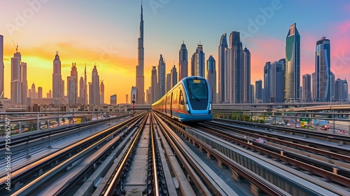 Metro railway among among glass skyscrapers in Dubai. Traffic on street in Dubai. Museum of the Future in Dubai. Cityscape skyline. Urban background. © Zahid