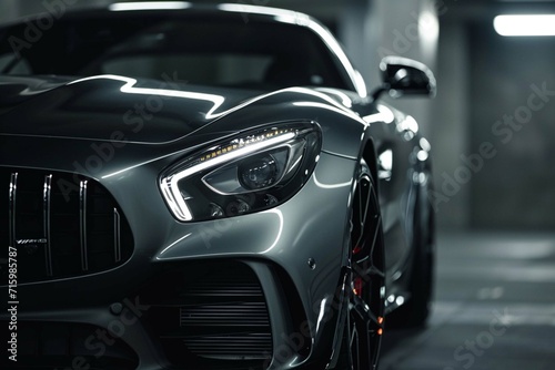 Luxury expensive car parked on dark background. Sport and modern luxury design gray car. Shiny clean lines and detailed front view of modern automotive. Automotive advertising banner. © Khalif