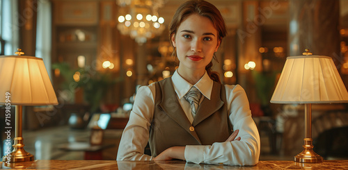 Female receptionist at workplace in hotel. A realistic portrayal of a female receptionist efficiently managing hotel operations. Generative AI