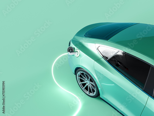 Fototapeta Naklejka Na Ścianę i Meble -  Green electric car connected to charger on green background with copy space. 3D Rendering, 3D Illustration