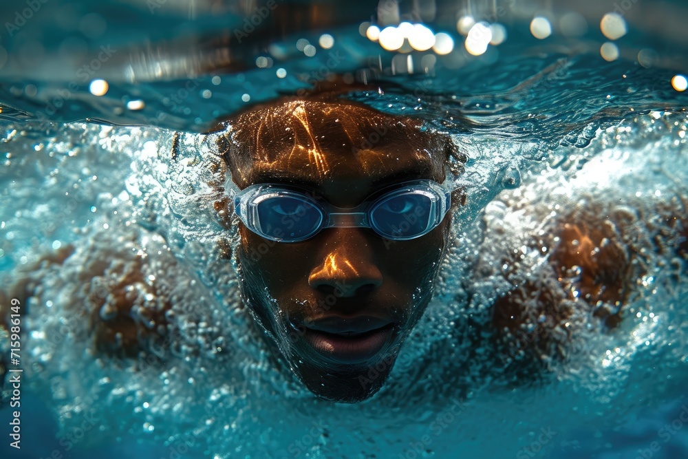 A determined swimmer gracefully navigates the clear water of the pool, his goggles revealing the focused determination on his human face as he glides through the cool depths, donning a swim cap and f