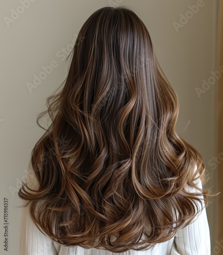 A young woman with cascading brown locks adorned with a delicate braid, her hair expertly colored, stands confidently against an indoor wall