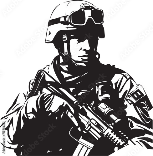 Camo Guardian Vector Logo Depicting a Military Man with a Gun in Camouflage Lethal Enforcer Stylish Black Emblem Illustrating the Vigilance of a Soldier