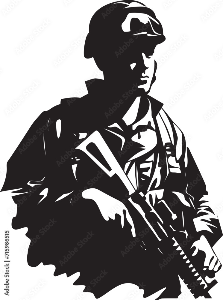 Tactical Guardian Sleek Black Emblem Depicting a Vigilant Soldier with a Gun Urban Warfare Enforcer Vector Illustration of a Soldier with a Gun in a City Setting Tactical Guardian Sleek Black Emblem Depicting a Vigilant Soldier with a Gun Urban Warfare Enforcer Vector Illustration of a Soldier with a Gun in a City Setting
