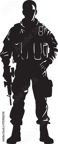 Camo Commander Stylish Vector Icon of a Gun Wielding Military Leader Stealth Enforcer Emblem Design Featuring a Military Man with Gun in Sleek Black