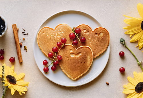 Heart shaped pancake for a romantic morning breakfast on Valentine's Day surrounded with fruits, berries and syrup or honey. Generative AI 