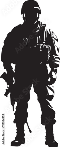 Stealth Enforcer Vector Emblem of a Gun Wielding Military Professional in Sleek Black Shadow Sentinel Iconic Design Featuring a Silhouette of a Military Man with a Gun © BABBAN