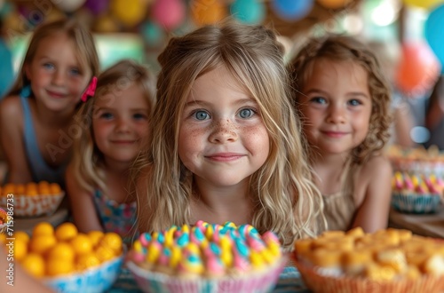 A joyous group of young girls celebrate a birthday indoors, their beaming faces adorned with sweet smiles as they gather around a table filled with delicious baked goods and a birthday cake