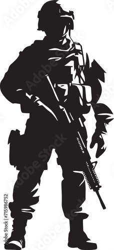 Urban Warfare Guardian Vector Logo Illustrating a Soldier with a Gun in a City Setting Gunmetal Marksman Black Icon Depicting a Military Man Aiming with Precision