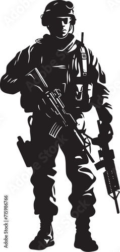Camo Enforcer Insignia Sleek Vector Logo Featuring a Soldier with a Gun in Military Camouflage Shadow Marksman Iconic Design of a Military Professional Aiming with Precision in Bold Black
