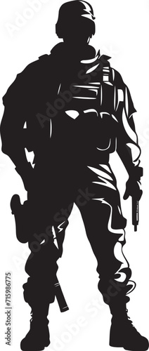 Night Ops Enforcer Iconic Design Featuring a Soldier with a Gun in Stealthy Black Camo Sniper Sleek Black Logo of a Military Marksman in Camouflage
