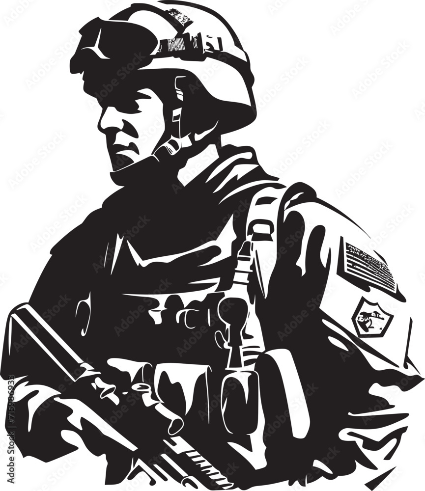 Rapid Response Marksman Iconic Design Featuring a Soldier Ready for Immediate Action Camo Guardian Vector Logo Depicting a Military Man with a Gun in Camouflage Rapid Response Marksman Iconic Design Featuring a Soldier Ready for Immediate Action Camo Guardian Vector Logo Depicting a Military Man with a Gun in Camouflage